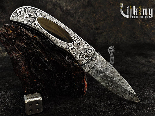 Handmade Damascus Folding Knife 3.5" Blade with Hand Carved Handle Design