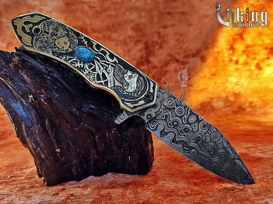 Handmade Damascus Folding Knife Shieldmaiden Lagertha & Ragnar Lothbrok Carved Handle Folding Knife