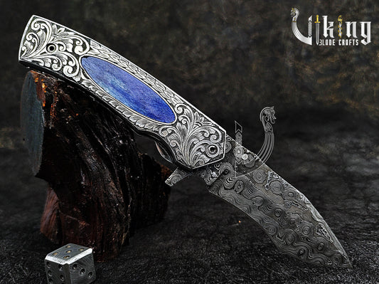 Damascus Folding Pocket Folding Knife Carved Handle Unequaled Stunning Craftsmanship