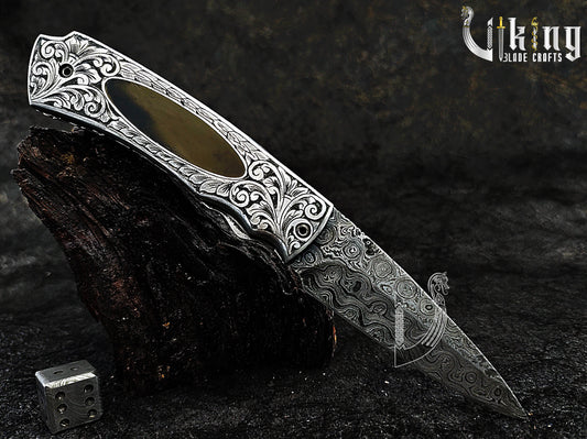 Handmade Damascus Steel Folding Knife – Hand Carved Handle & Stunning Craftsmanship
