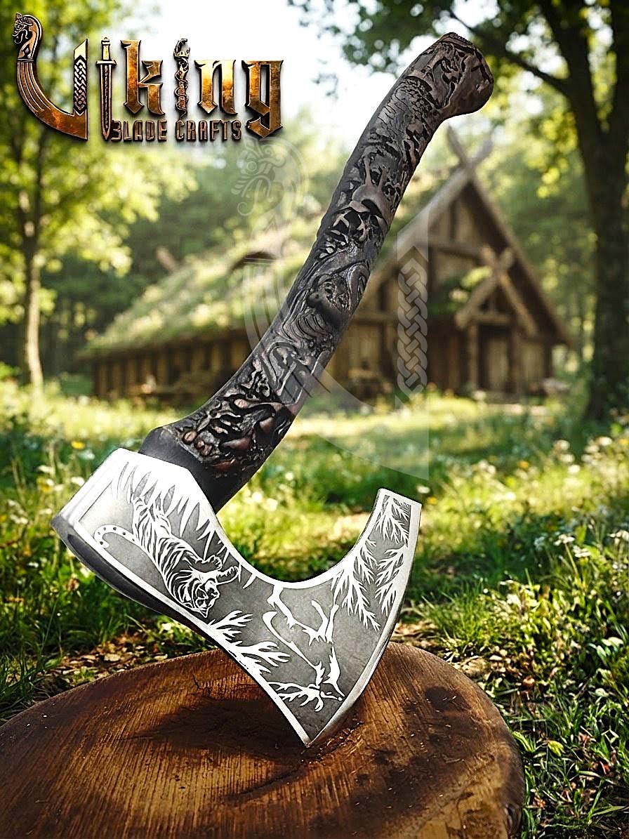Wildlife Viking Axe | Hand Carved Handle | Forged Steel