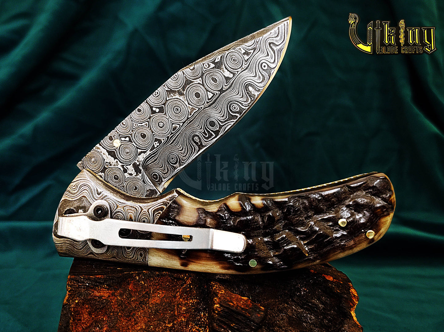 Custom Hand-Forged Handmade Damascus Folding Knife | Raindrop Pattern | Ram Horn Handle