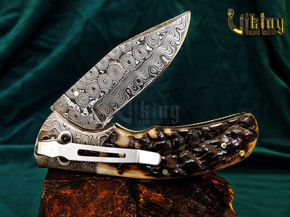 Custom Hand-Forged Handmade Damascus Folding Knife | Raindrop Pattern | Ram Horn Handle