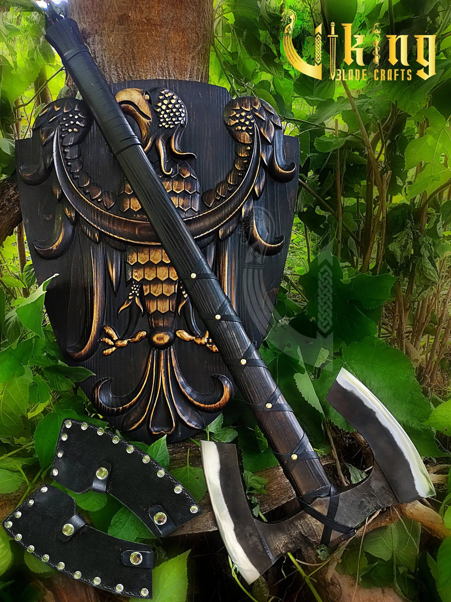 Handmade Double Head 36" Viking Axe & Carved Raven Shield – Norse Battle Set Viking_Blade_Crafts