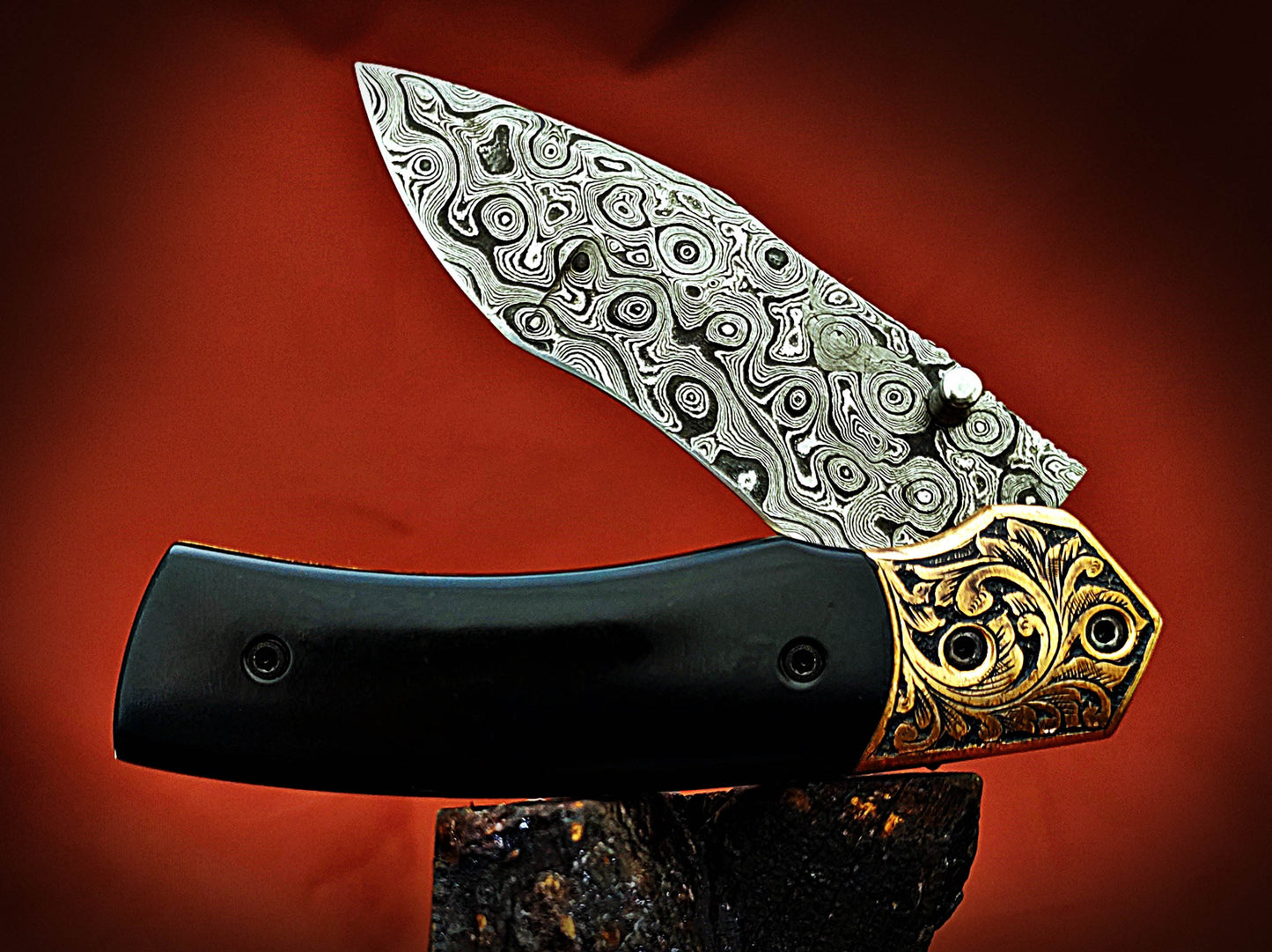 Damascus Pocket Knife with buffalo Horn Handle – Ancient Hand-Carved Theme - Viking Blade Crafts