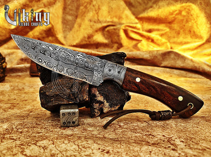 Handmade Damascus Steel Fixed Blade Hunting Knife with Sheath Wood Handle