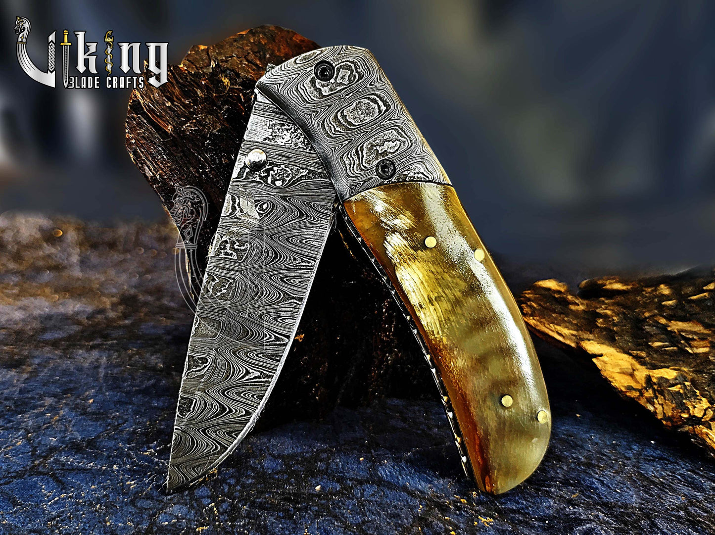 Forged Damascus Steel Folding Pocket Knife with Secure Leather Cover