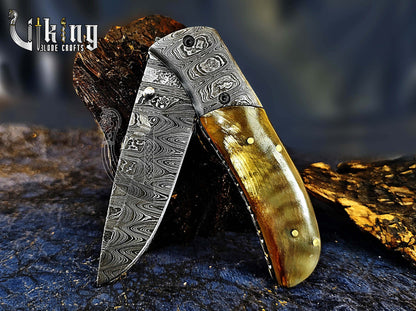 Forged Damascus Steel Folding Pocket Knife with Secure Leather Cover