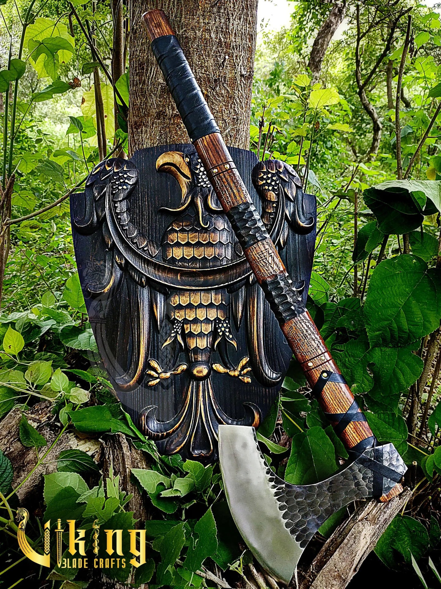 Hand-Forged 36" Viking Battle Axe & Carved Raven Shield Set Viking_Blade_Crafts