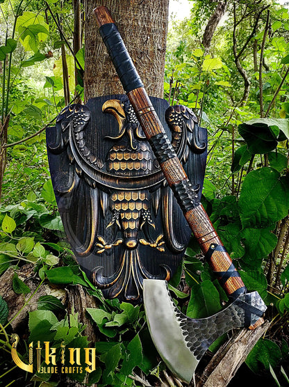 Hand-Forged 36" Viking Battle Axe & Carved Raven Shield Set Viking_Blade_Crafts