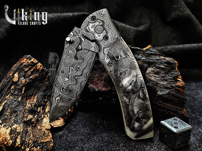 Hand-Forged Damascus Steel Rain Drop & Bone Handle Folding Knife