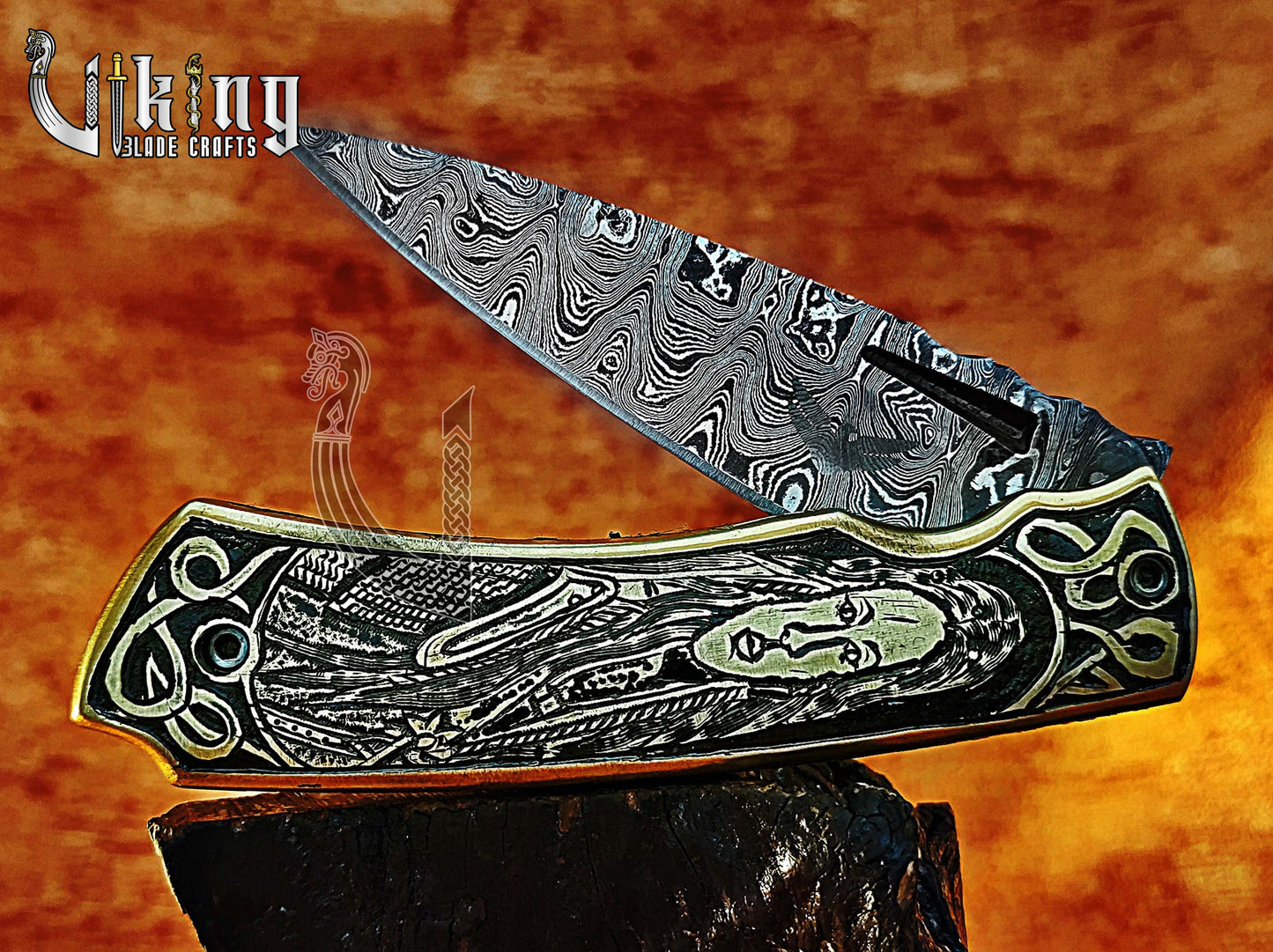 Hand-forged Damascus steel Pocket Folding knife with Queen Lagertha carving handle