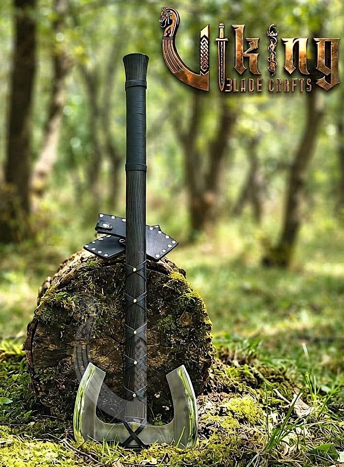 36" Double Bit Viking Axe - Hand Forged Carbon Steel & Leather Cover