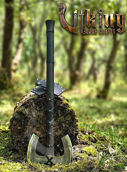 36" Double Bit Viking Axe - Hand Forged Carbon Steel & Leather Cover