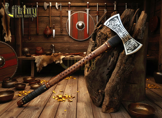 The Helm of Awe 30" Viking Axe & Carved Wooden – Norse Warrior Axe