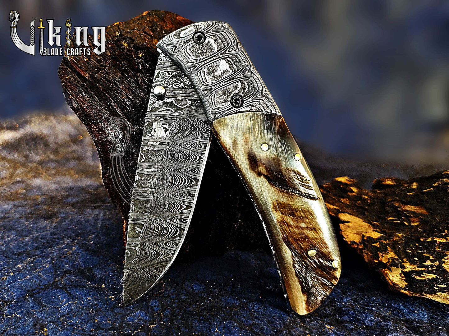 Forged Damascus Steel Folding Pocket Knife with Ram Horn Handle & Clip