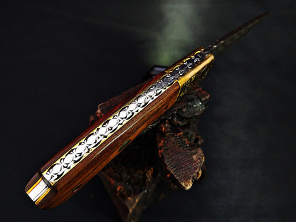Damascus Steel Folding Pocket Knife – Viking Eagle Engraved Rosewood Handle - Viking Blade Crafts