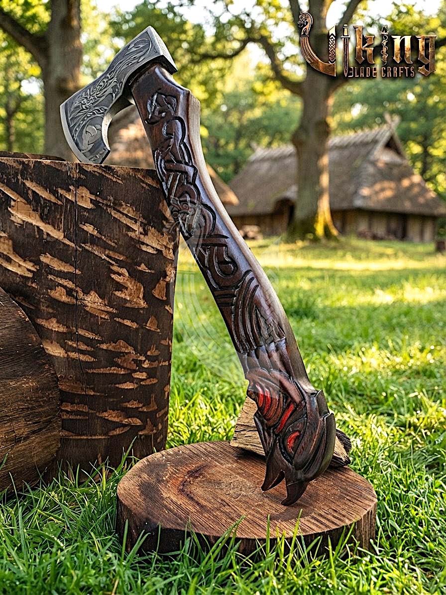 Raven Viking Axe | Hand Carved Handle | Forged Steel Hrafn