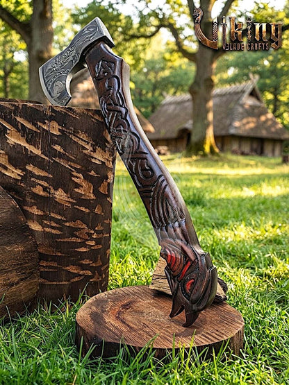 Raven Viking Axe | Hand Carved Handle | Forged Steel Hrafn