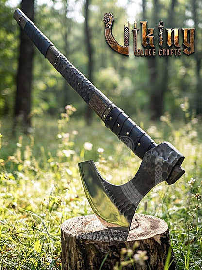 Hand Forged Vegvisir 36" Viking Axe & Rune-Engraved Valknut – Norse Warrior Axe