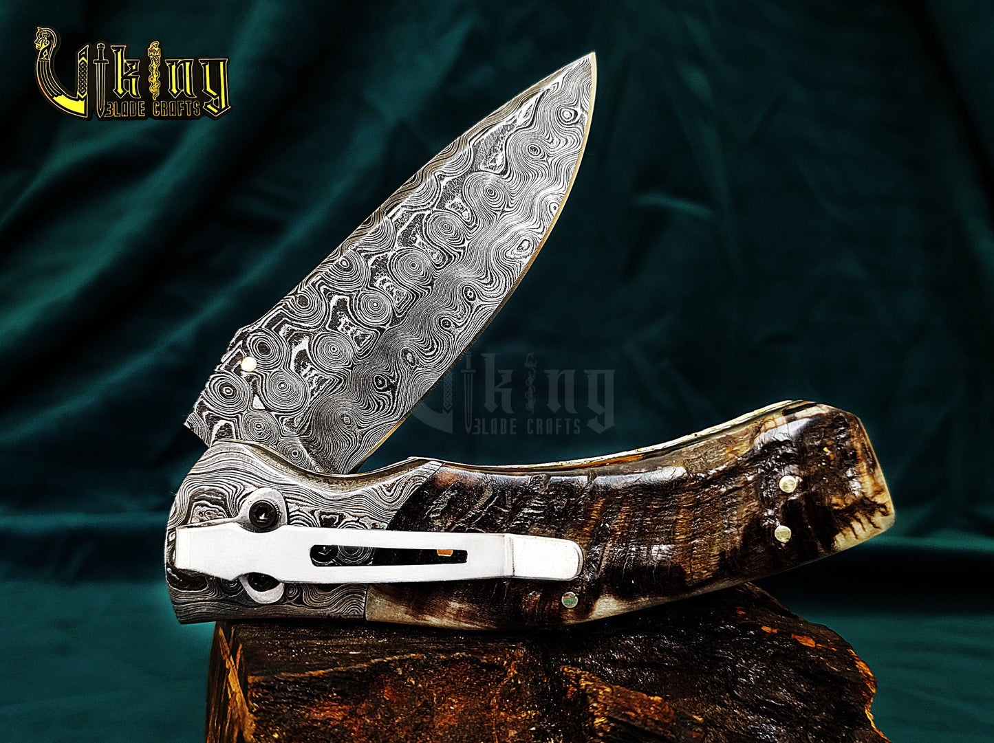 Hand-Forged Artisan Damascus Steel Folding Knife | Raindrop Pattern | Ram Horn Handle