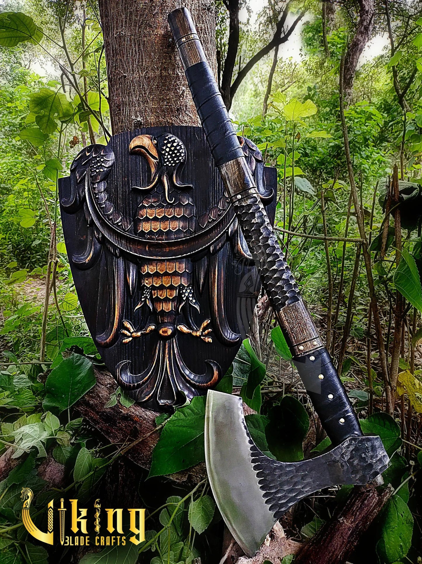 Handmade Vegvisir 36" Long Viking Axe & Carved Raven Shield – Norse Battle Set Viking_Blade_Crafts