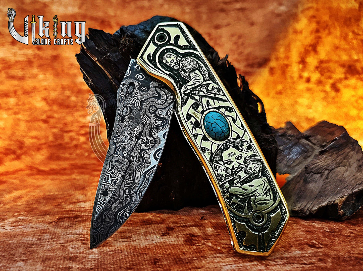 Forged Damascus Steel Blade Knife with Viking Floki Carved Handle.