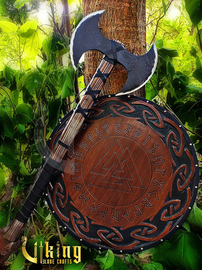 Viking Warrior Set: 33" Double-Headed Axe & Rune-Engraved Valknut Shield Viking_Blade_Crafts