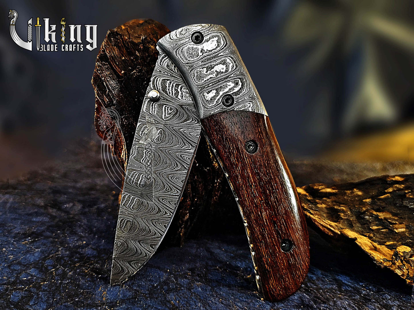 Handmade Damascus Steel Folding Knife with Rosewood Handle & Sheath