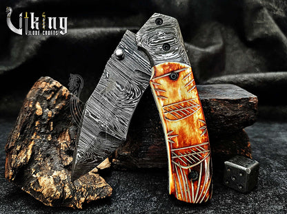 Forged Damascus Steel Folding Knife with Fire Camel Bone Handle