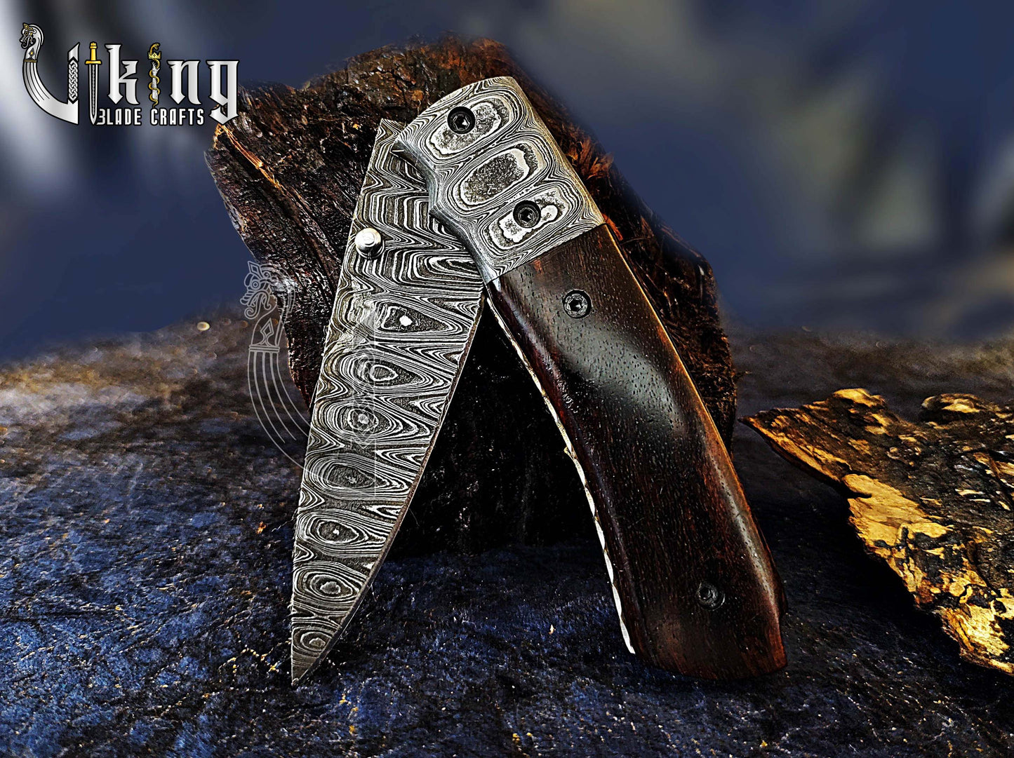 Handmade Damascus Folding Knife with Rosewood Handle & Pocket Clip