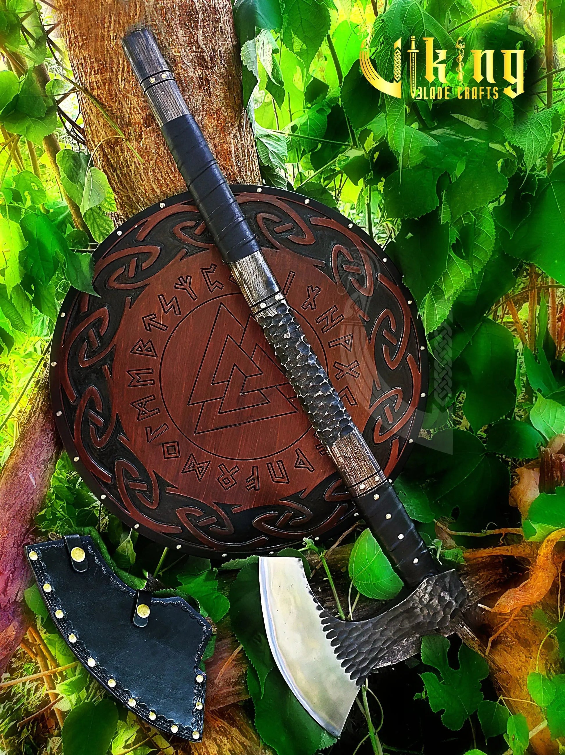 Handmade Vegvisir 36" Long Viking Axe & Rune-Engraved Valknut Shield – Norse Battle Set Viking Blade Crafts