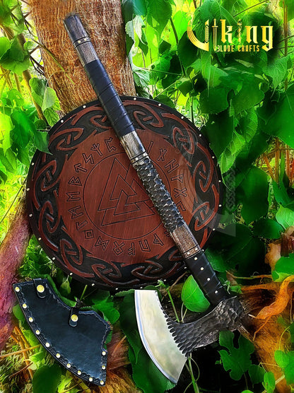 Handmade Vegvisir 36" Long Viking Axe & Rune-Engraved Valknut Shield – Norse Battle Set Viking Blade Crafts