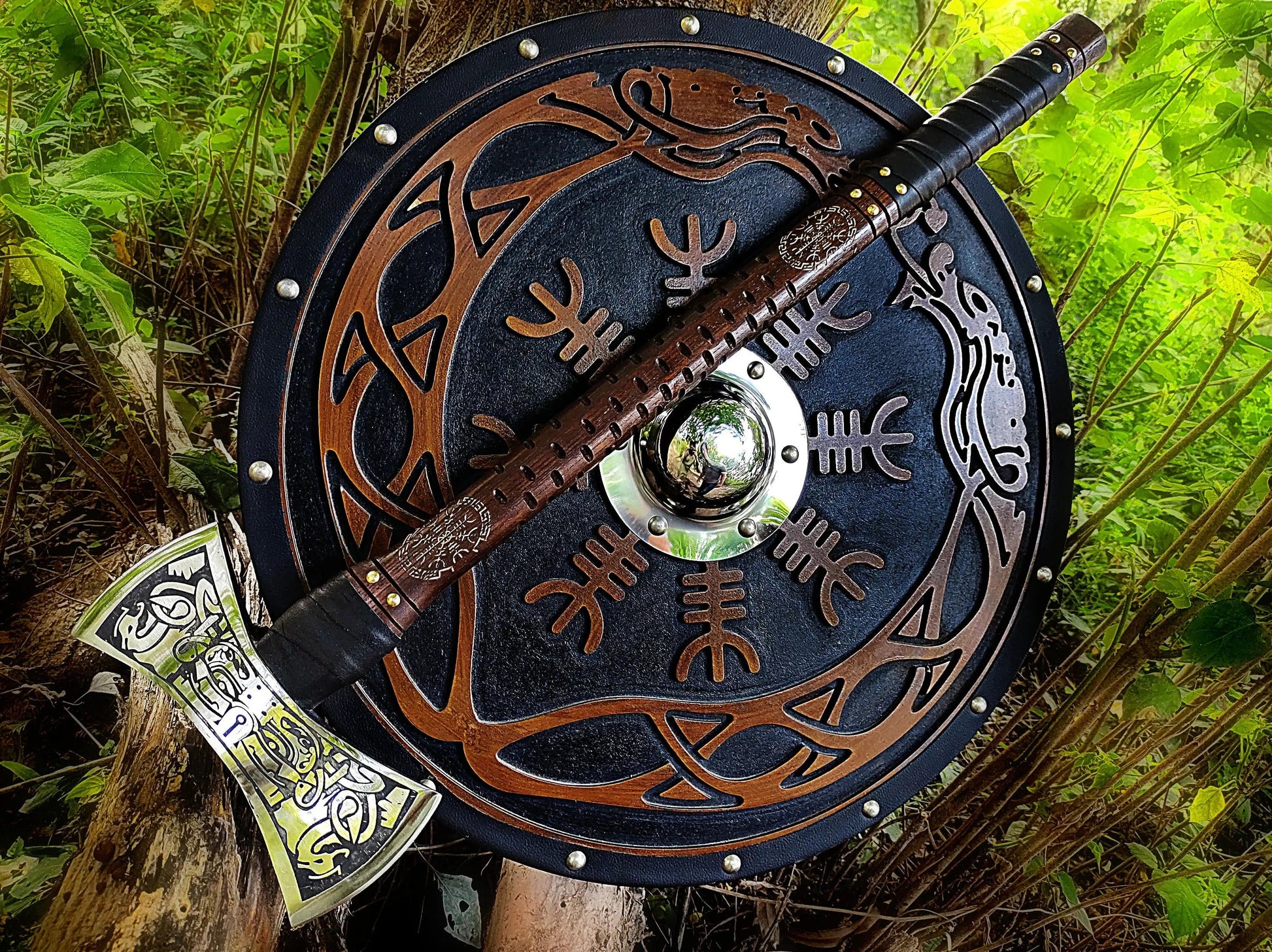 The Helm of Awe 30" Viking Axe & Carved Wooden Shield – Norse Warrior Set Viking_Blade_Crafts