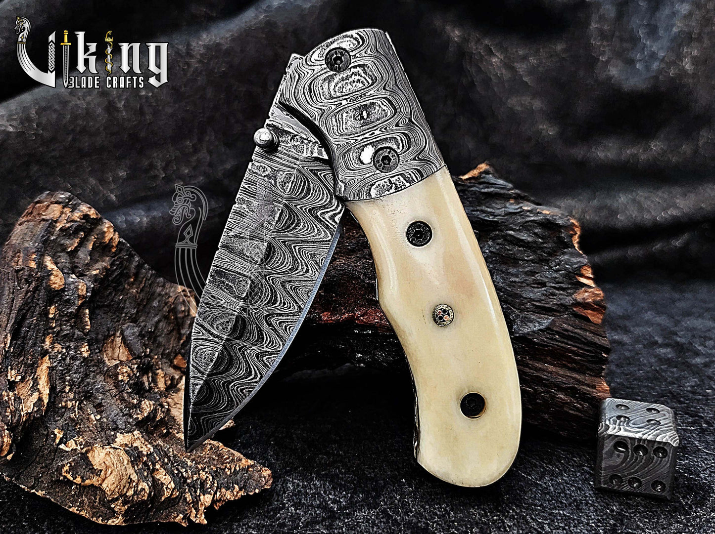 Handmade Damascus Steel Folding Pocket knife With Camel Bone Handle