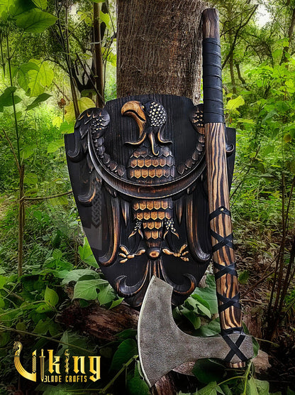 Handmade 36" Long Viking Battle Axe – High Carbon Steel Blade & Carved Raven Shield Viking_Blade_Crafts