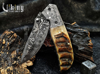 Handmade Damascus Steel Rain Drop Pattern Ram Horn Handle Folding Knife