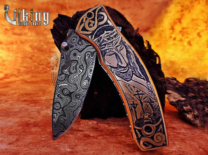 Handmade Damascus Folding Knife with Jesus Crucifixion Handle Carving