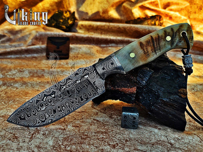Forged Damascus Steel Hunting Knife Ram horn Handle & Damascus Bolster