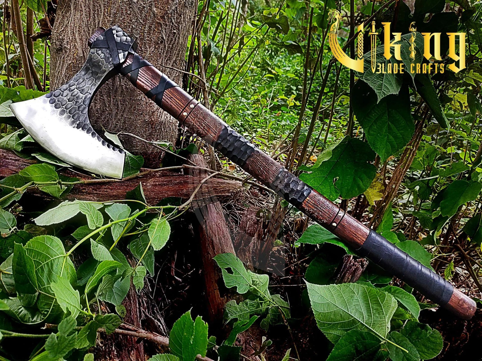 Hand-Forged 36" Viking Battle Axe & Carved Raven Shield Set Viking_Blade_Crafts