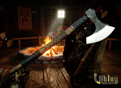 Handmade Vegvisir 36" Viking Axe & Rune-Engraved Valknut – Norse Warrior Axe