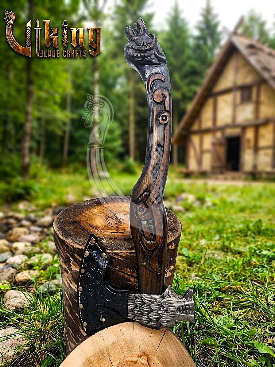 Fenrir Norse Axe | Hand Carved Wolf Handle | Forged Steel
