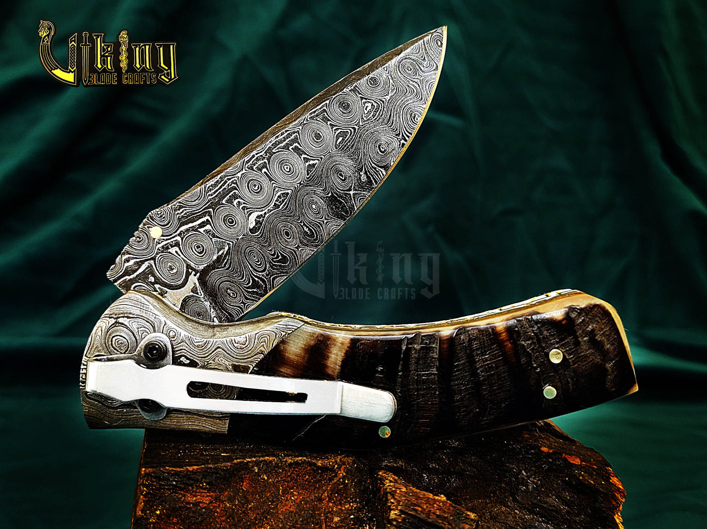 Hand-Forged Damascus Steel Knife | Raindrop Pattern | Ram Horn Handle