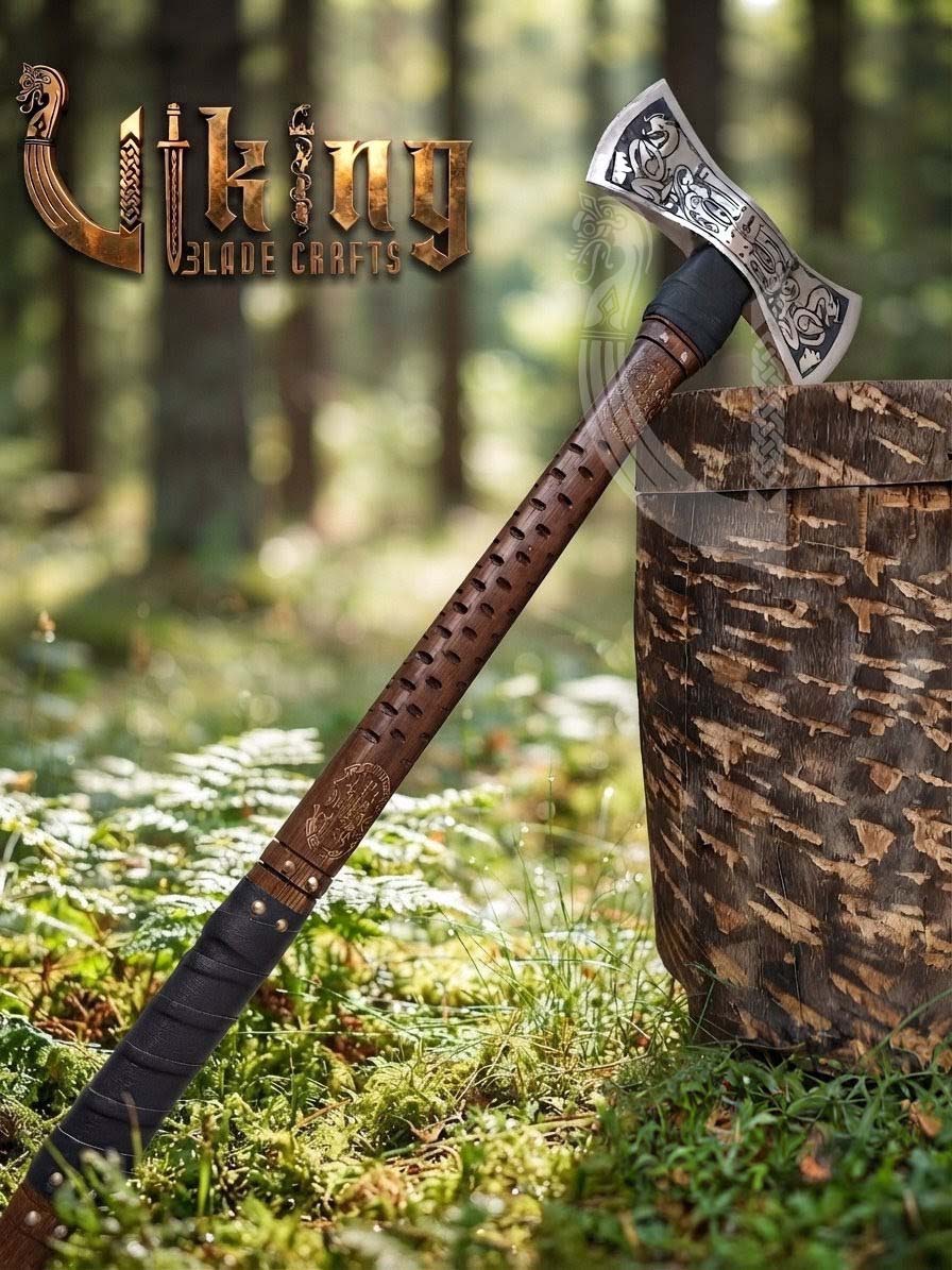 The Helm of Awe 30" Forged Viking Axe & Carved Wooden – Norse Warrior Axe
