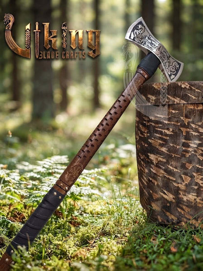 The Helm of Awe 30" Forged Viking Axe & Carved Wooden – Norse Warrior Axe
