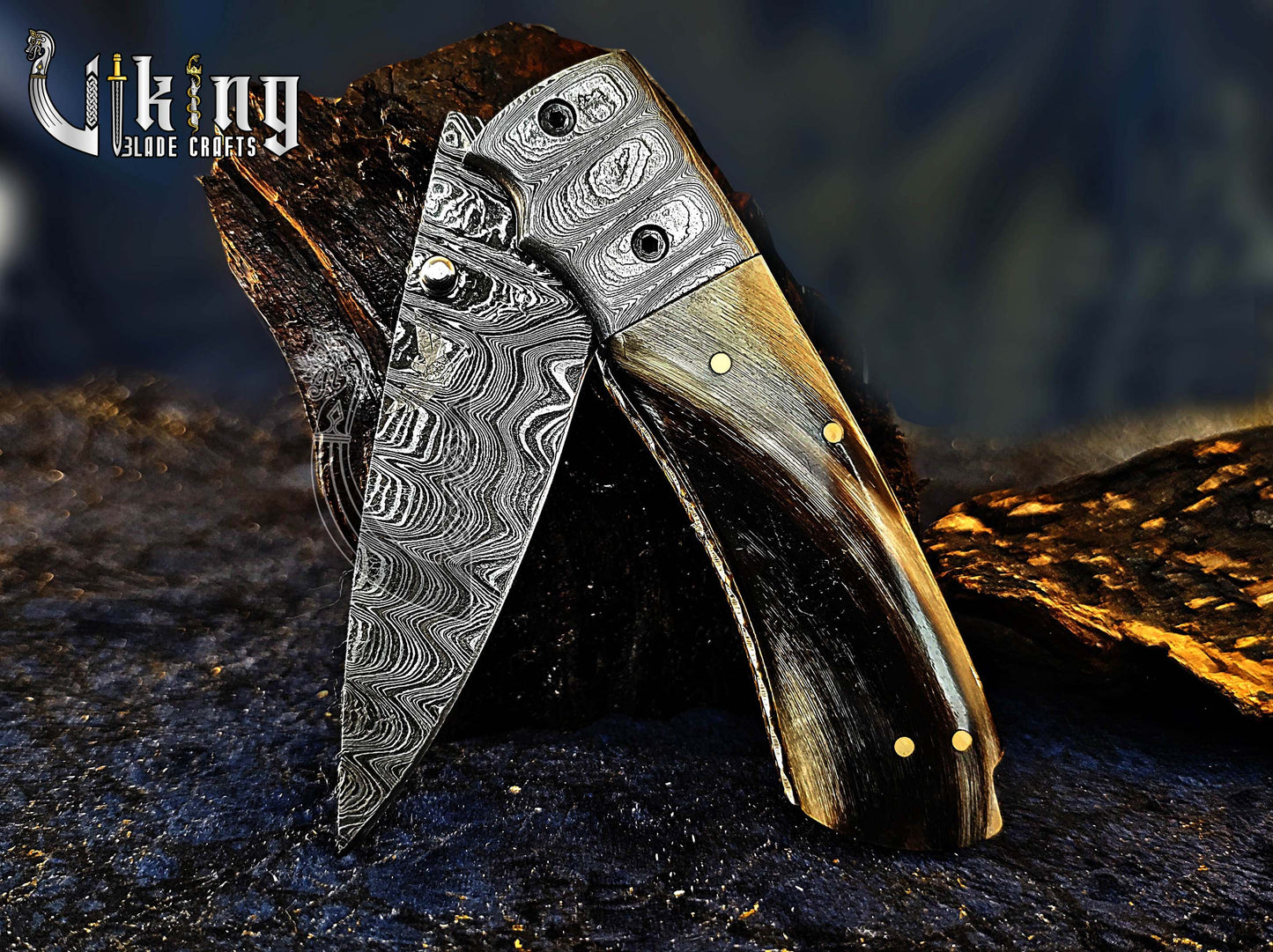 Handmade 3.5" Folding Knife with Ram Horn, Ladder Pattern & Pocket Clip