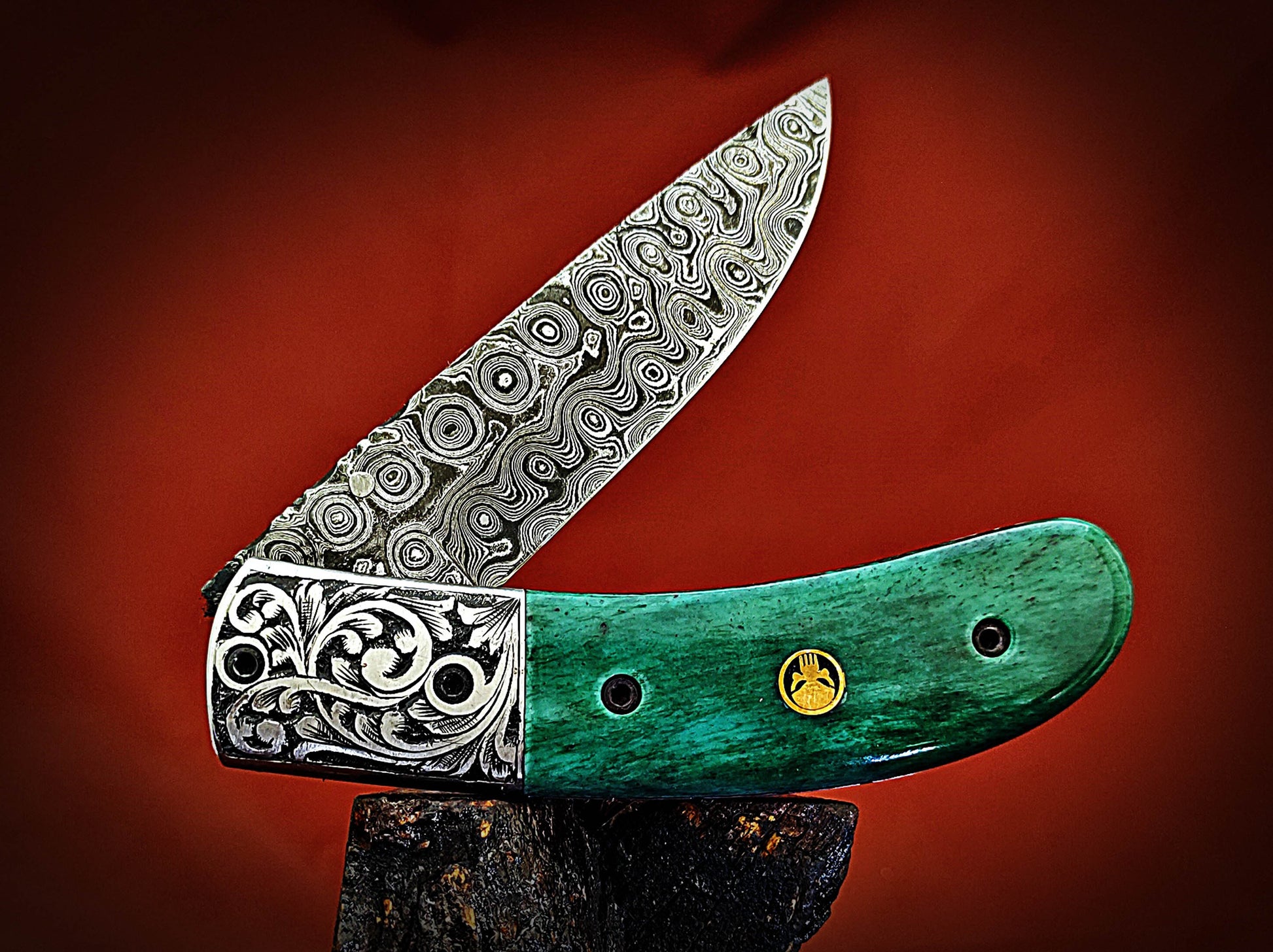 Damascus Pocket Knife with Stained Bone Handle – Ancient Hand-Carved Theme - Viking Blade Crafts