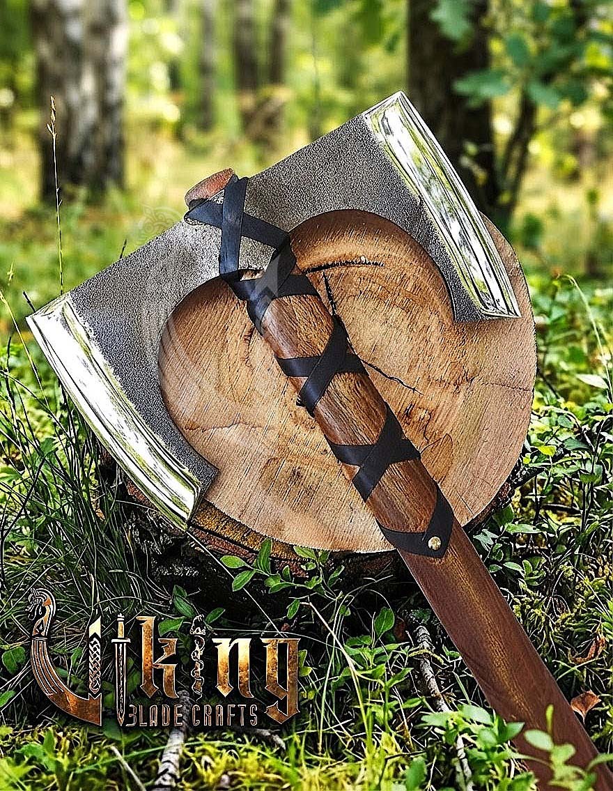 30" Double Bit Viking Battle Axe - Hand Forged Carbon Steel & Leather
