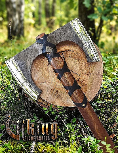 30" Double Bit Viking Battle Axe - Hand Forged Carbon Steel & Leather