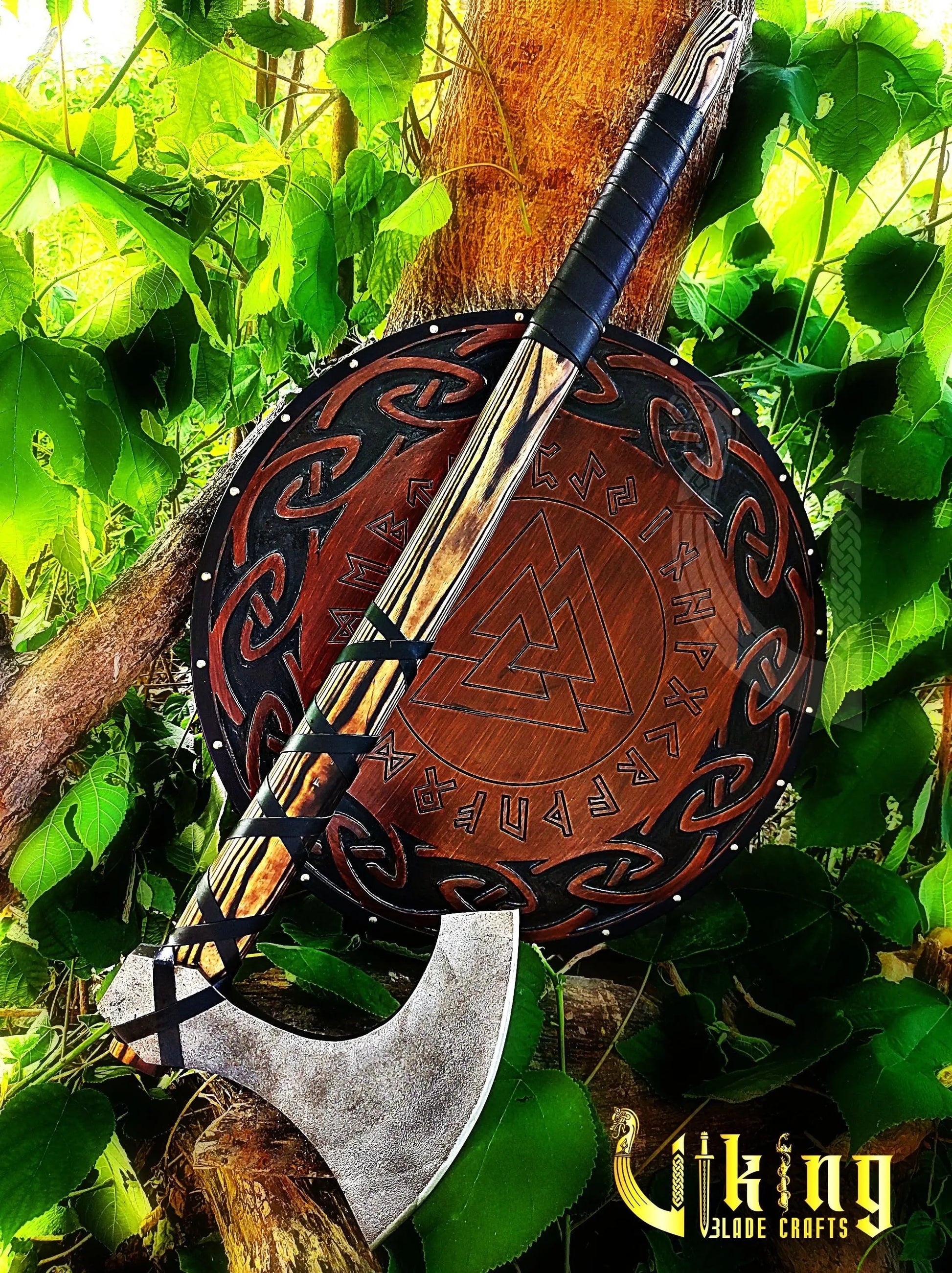 Handmade 36" Long Viking Battle Axe – High Carbon Steel Blade & Carved Raven Shield Viking_Blade_Crafts